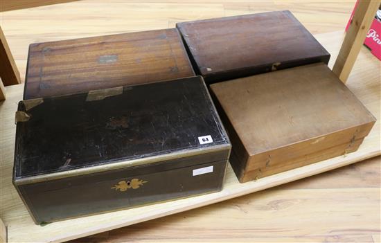 Two Victorian writing slopes and four moth/butterfly cases Largest 49cm wide x 20cm high x 26cm deep